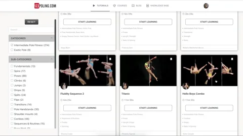 User adding a lesson to bookmarks from an individual tutorial page and saving it to a custom folder for organized pole training
