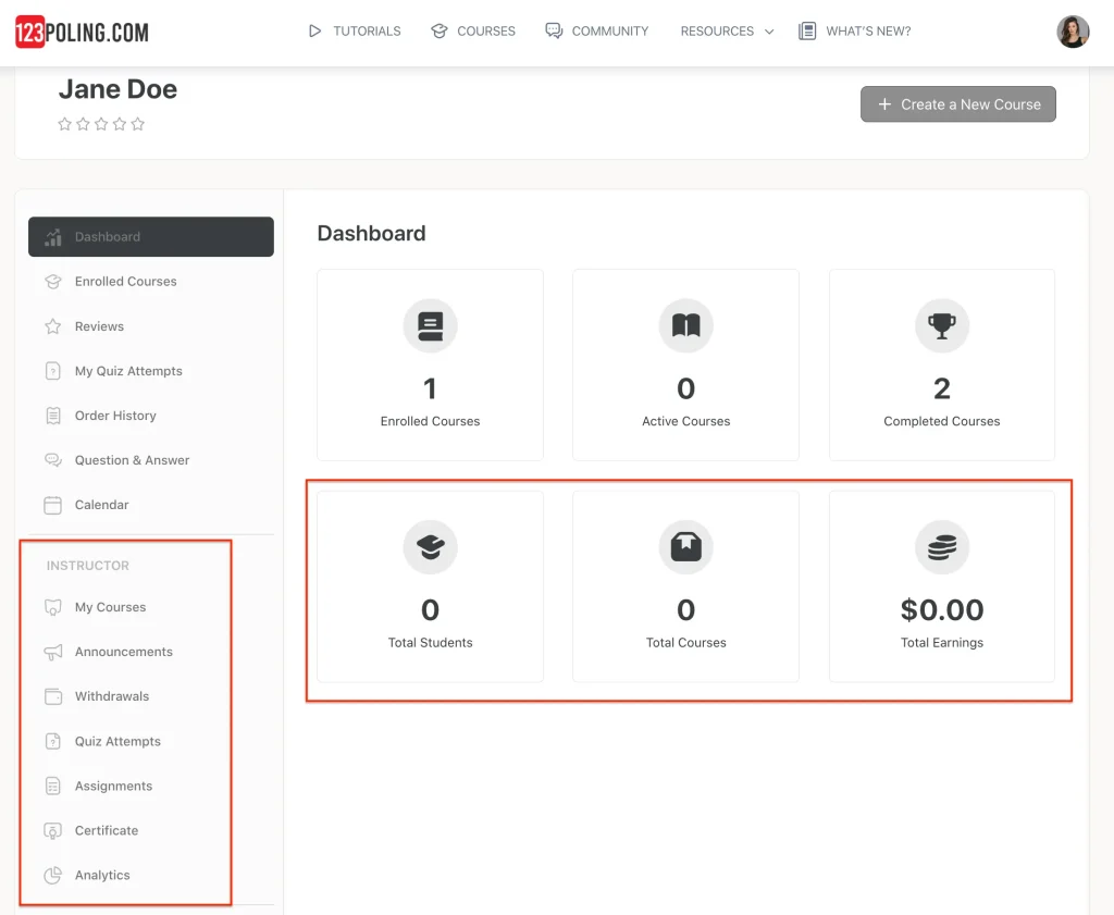Dedicated instructor dashboard at 123poling Marketplace