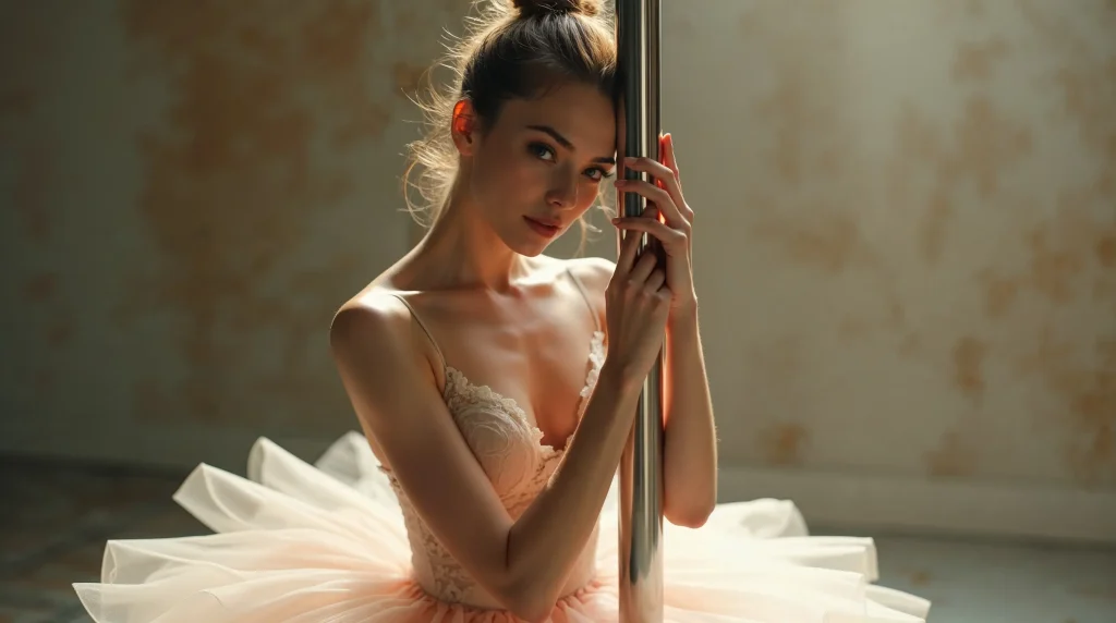 Ballet-inspired pole dancer in a soft, graceful pose holding the pole, representing expressive teaching styles