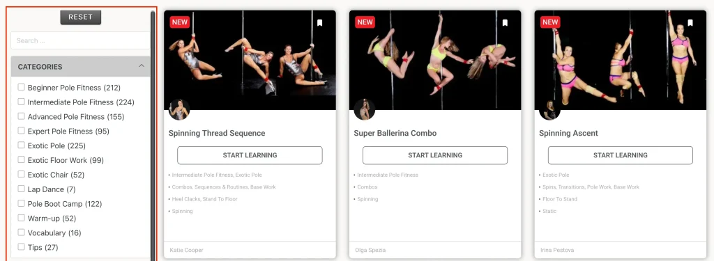 Screenshot showing a grid of lesson thumbnails and filtering options on a website interface