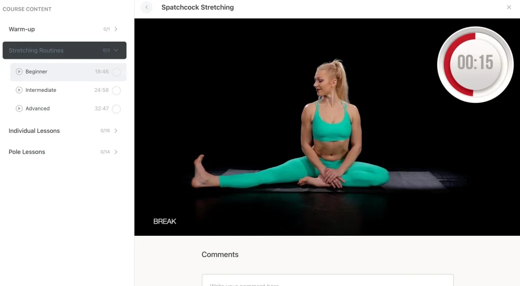 Inside view of structured flexibility course for pole dancers with video player and full lesson list for home training