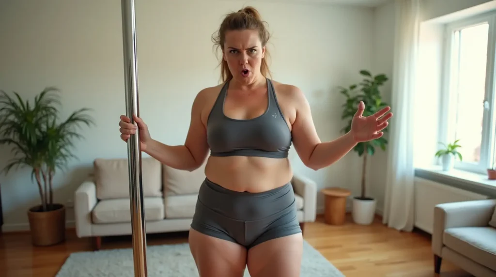 Confused pole dancer at home reacting to different training membership options with hands out and pole beside her