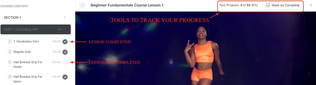 Course interface showing lesson progress tracking with completed and uncompleted lessons in an online pole training platform