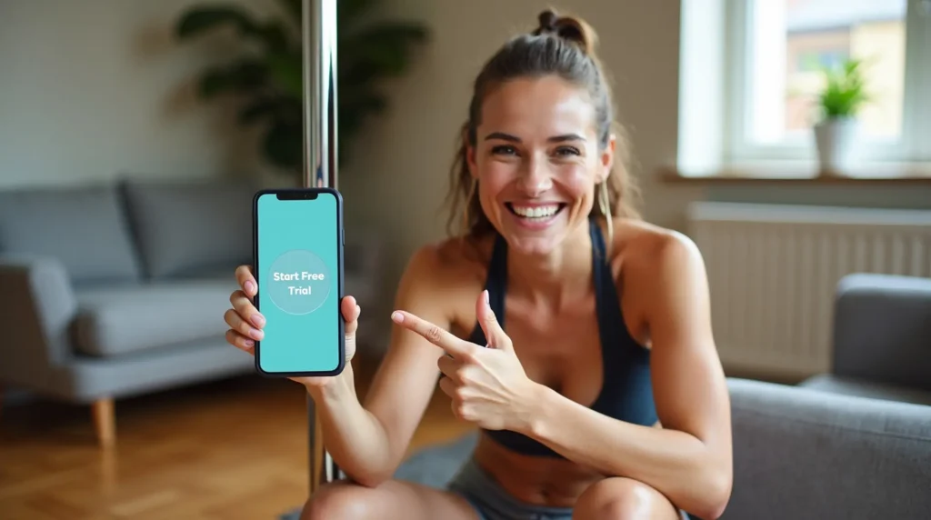 Woman pointing to a phone screen with “Start Free Trial” visible, sitting in a cozy home setting