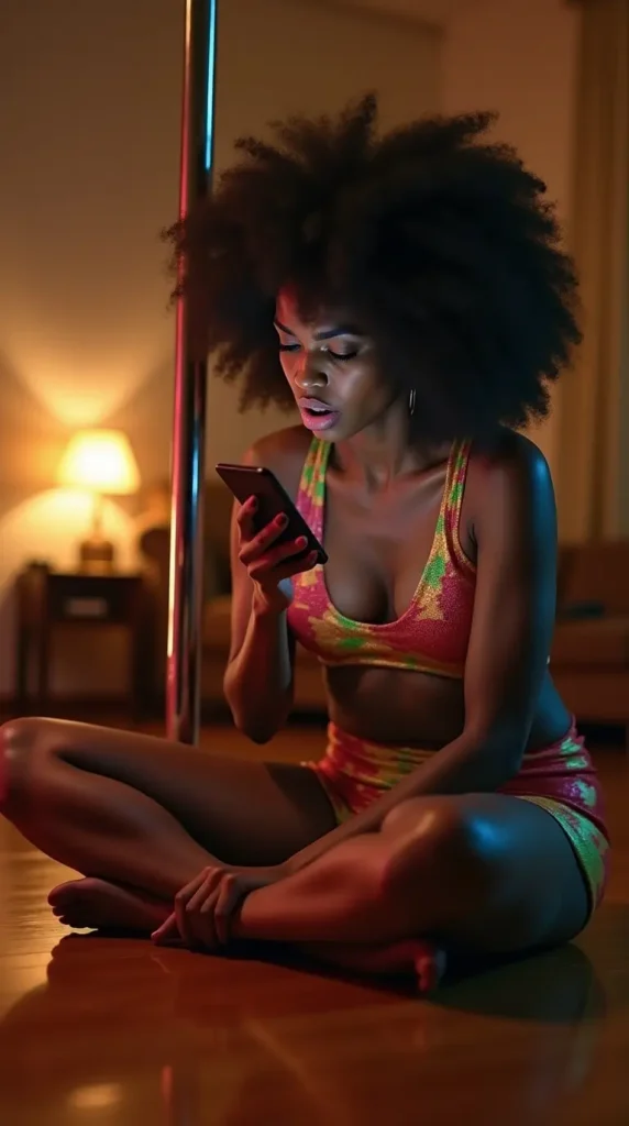 Woman in pole wear sitting by a home pole, watching an online lesson on her phone in a relaxed nighttime setting