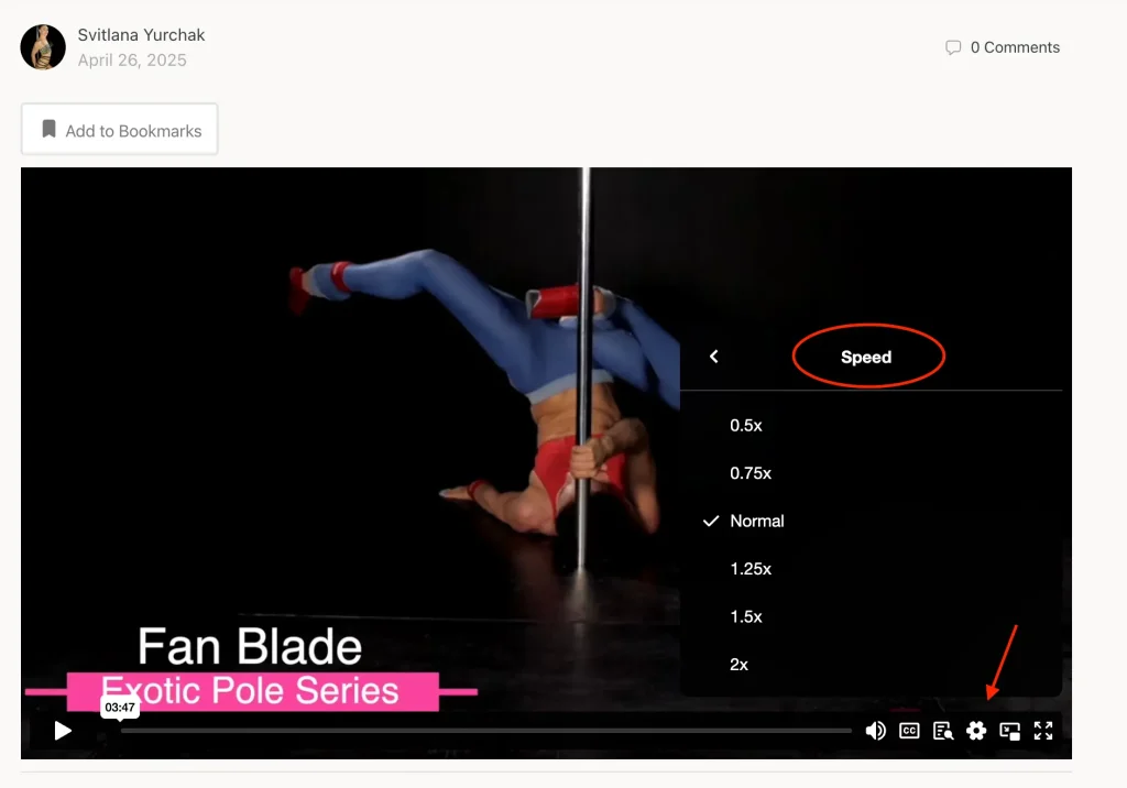 Screenshot of an online pole tutorial showing video playback controls with pause and speed settings circled in red and pointed to with an arrow